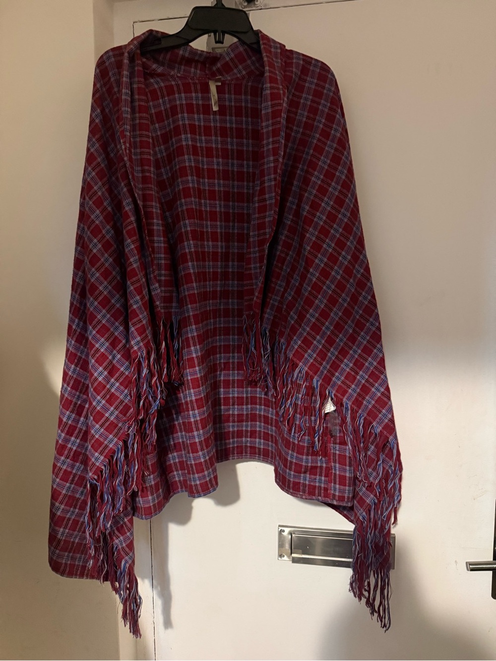 Mono B 100% Cotton Plaid Fringe Open-Front Women's Jacket Coat - Red/Blue